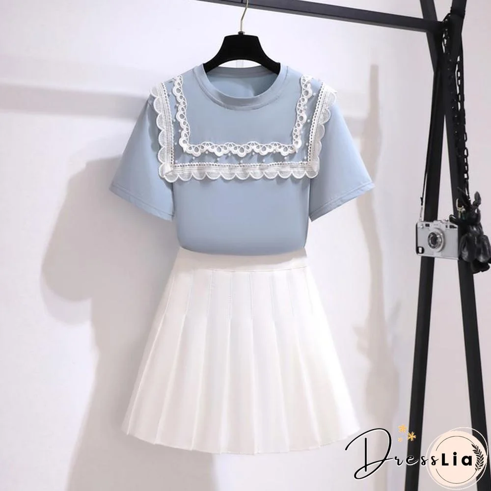 Patchwork Lace Tee+Pleated Skirt P13867