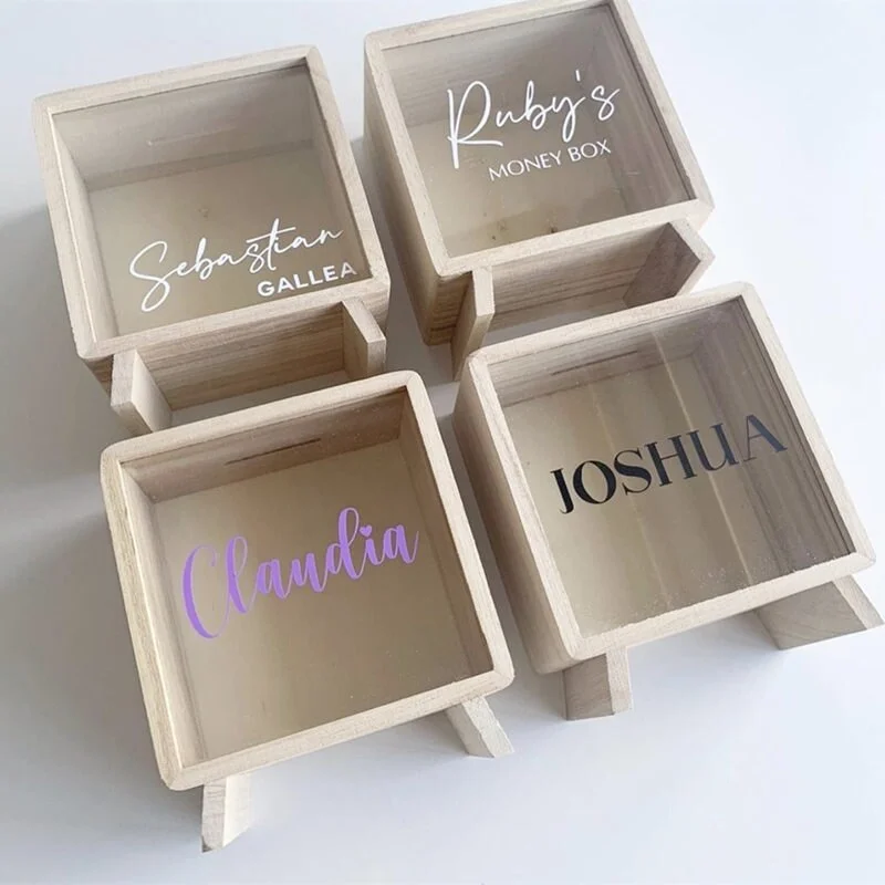 Personalized Wooden Piggy Bank Wood Money Box Desktop Ornaments Tipping Tank Kids Coin Counting Storage Tanks Saving Jar Crafts