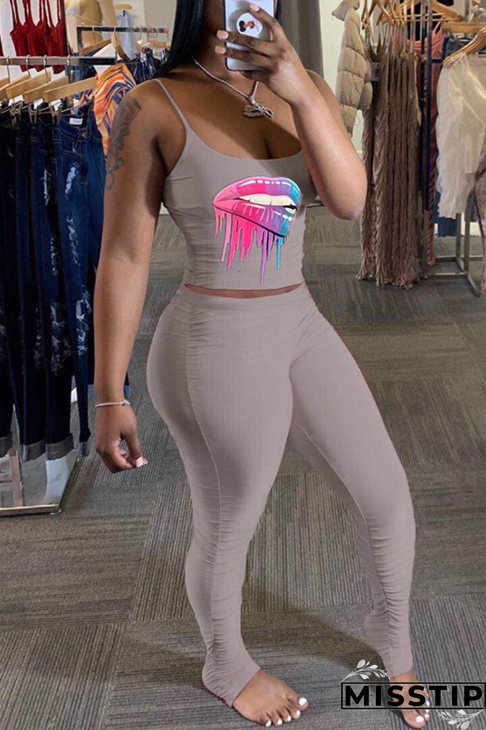 Pink Sexy Lips Print Sling Top Pants Set