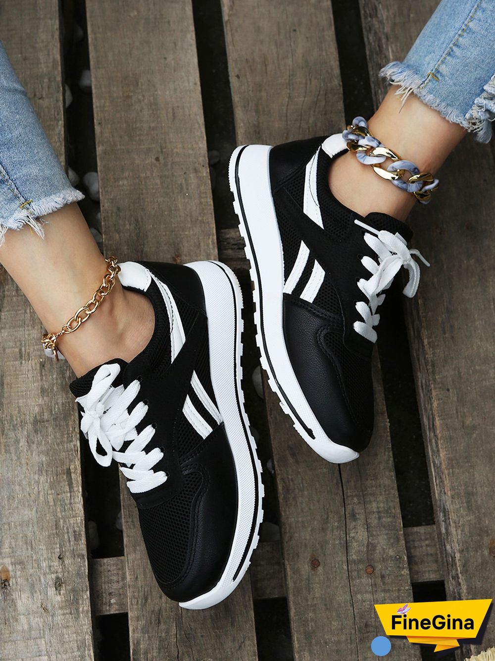 Color Block Sports All Season Split Joint Flat Heel Round Toe Fabric Fabric Lace-Up Sneakers for Women