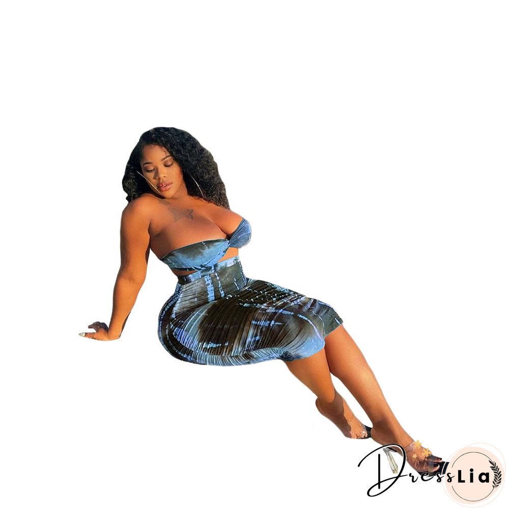 Summer Tie Dye Plus Size Fashion Clubwear Strapless Crop Top Maxi Skirts Women Sexy Two Piece Set