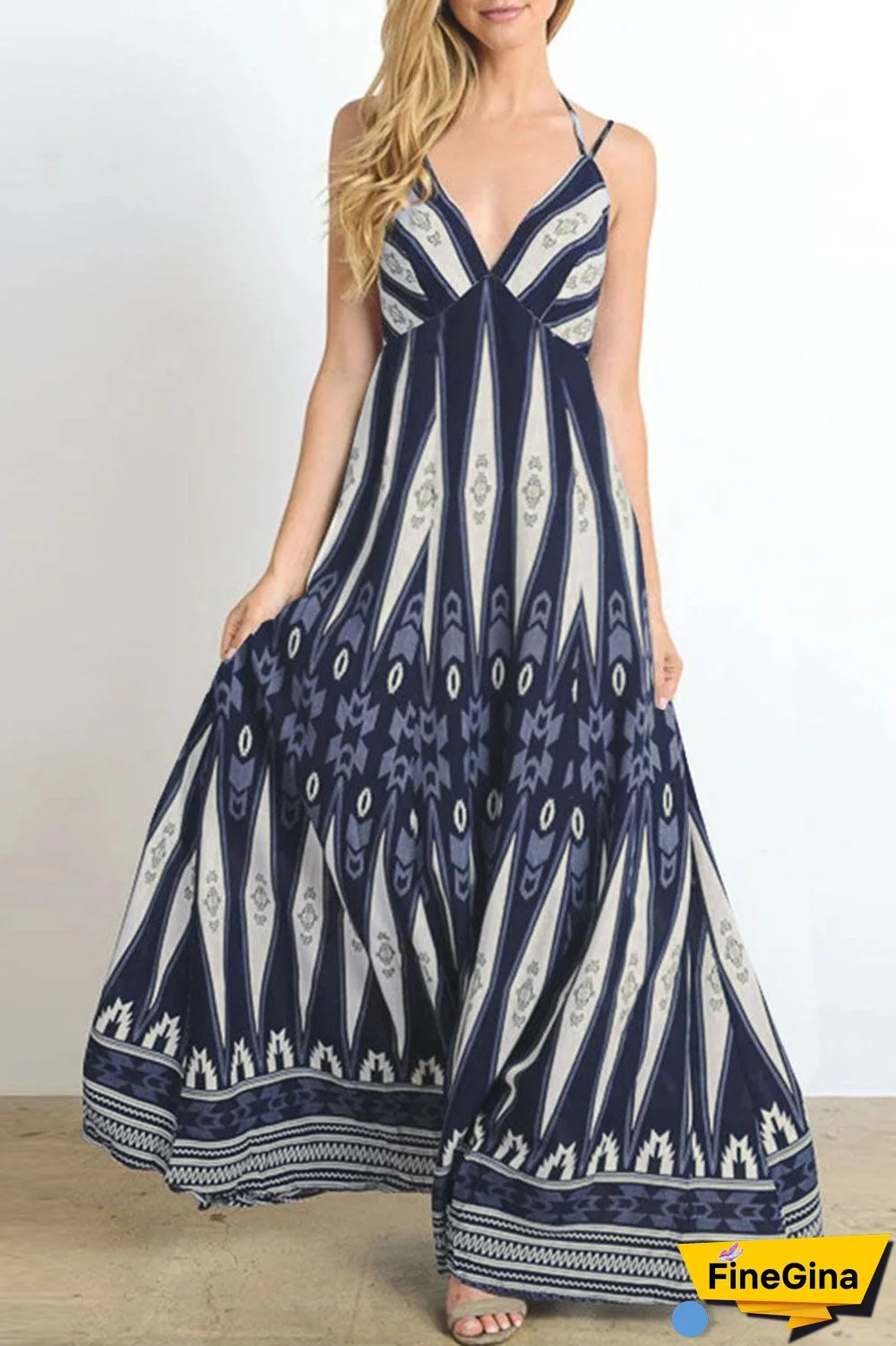 Fashion Bohemian Print Split Joint Backless V Neck A Line Dresses