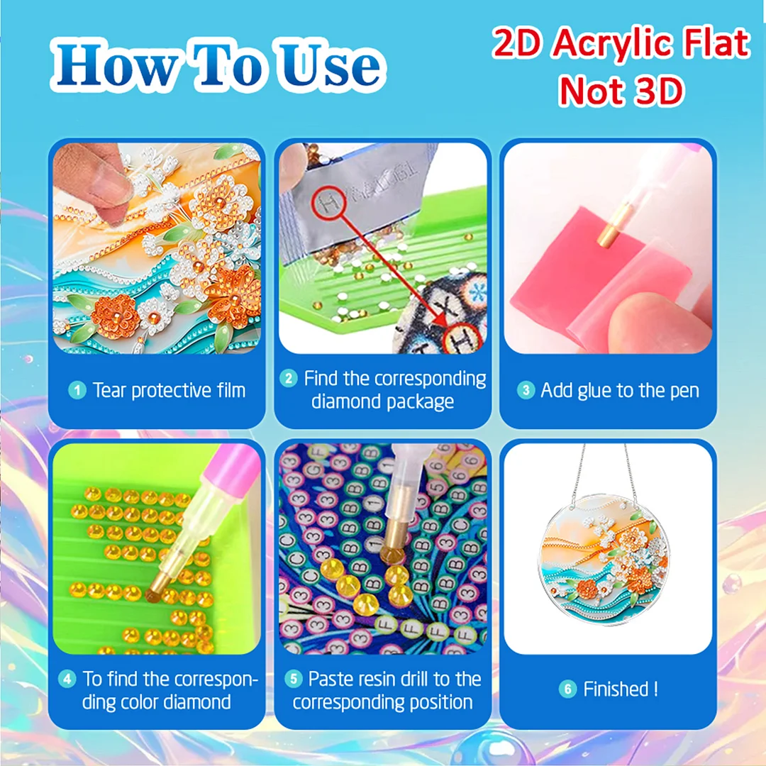 4pcs Beach Flowers DIY 2D Flat Acrylic Diamond Painting Kits Diamond Art Pendant