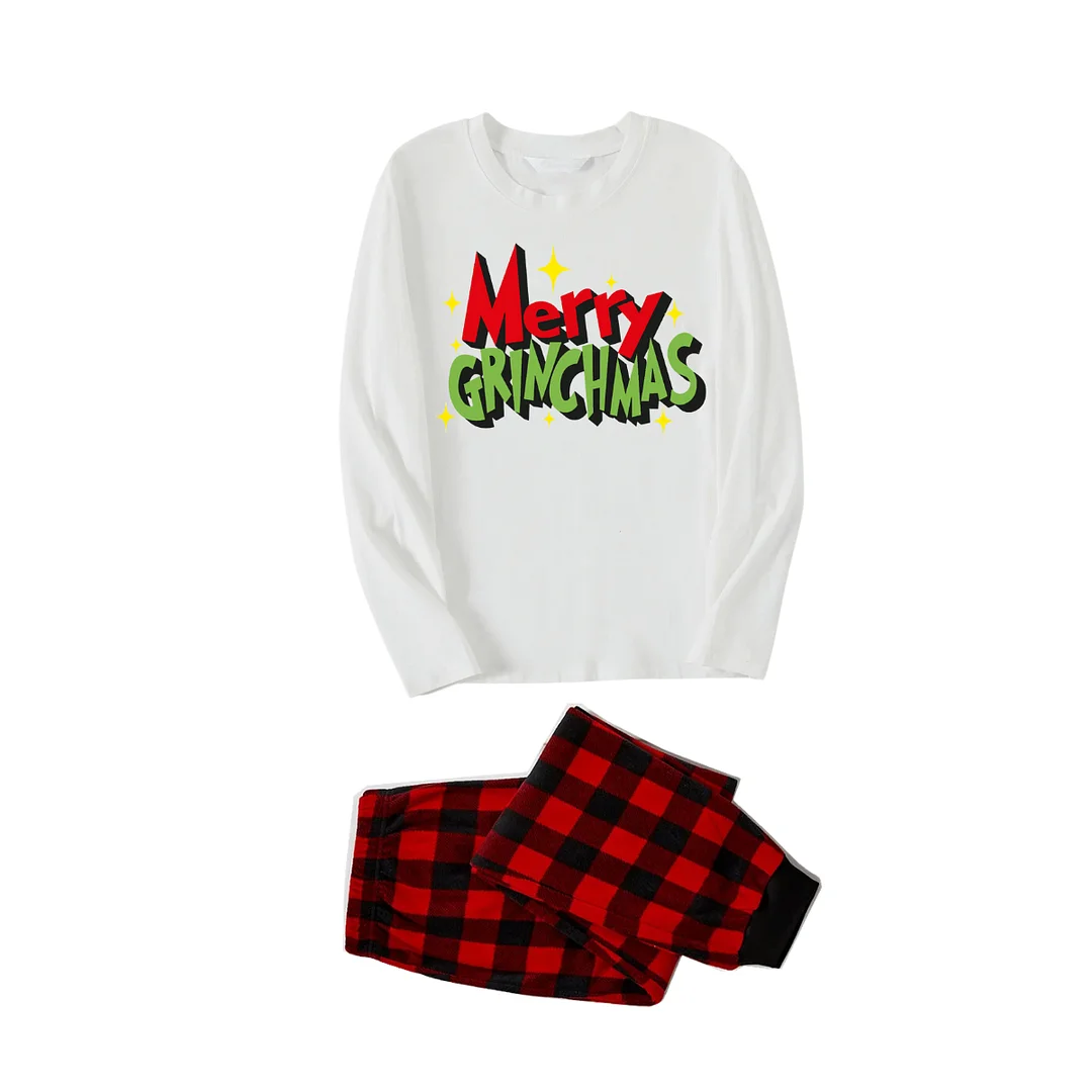 "Merry Grinchmas" Letter Print White Long Sleeve Top with Red & Black Plaid Pants Family Matching Pajamas