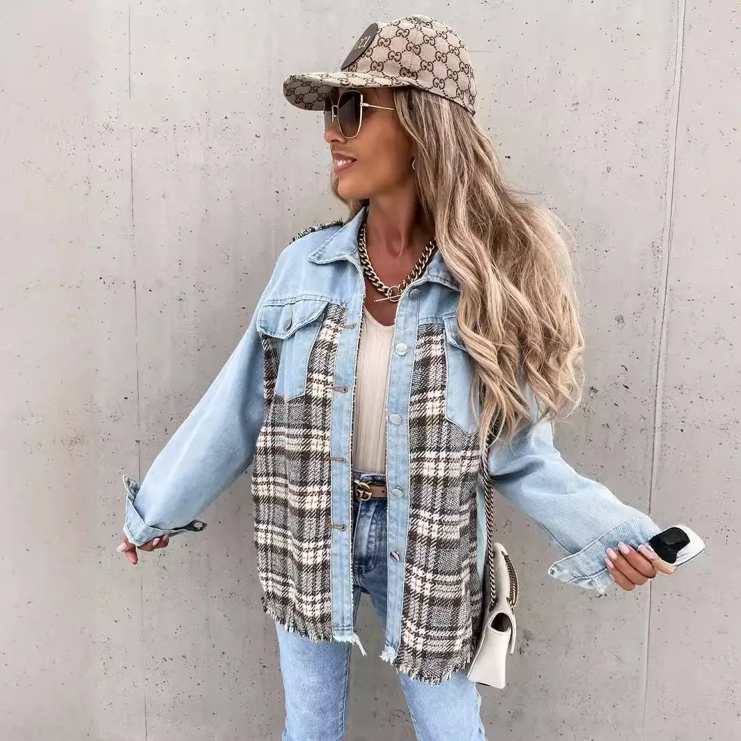 Churchf Churchf / Summer 2024 Wish New Denim Patchwork Plaid Jacket Baggy Top Female
