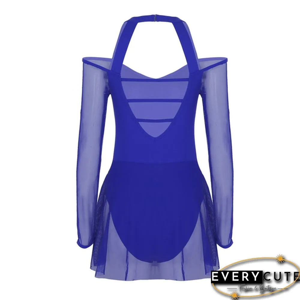Women Adult Off The Shoulder Long Sleeve Halter Neck Mesh Bodysuit Ballet Dance Dress
