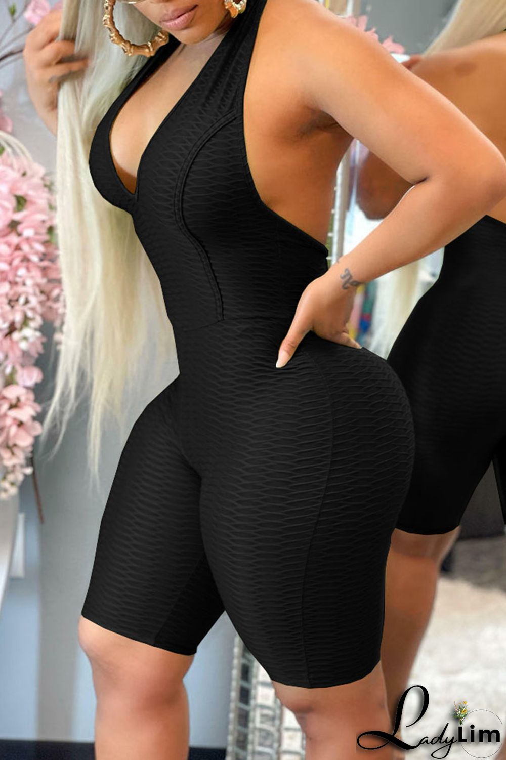 Tibetan Blue Sexy Solid Split Joint Backless Halter Regular Jumpsuits