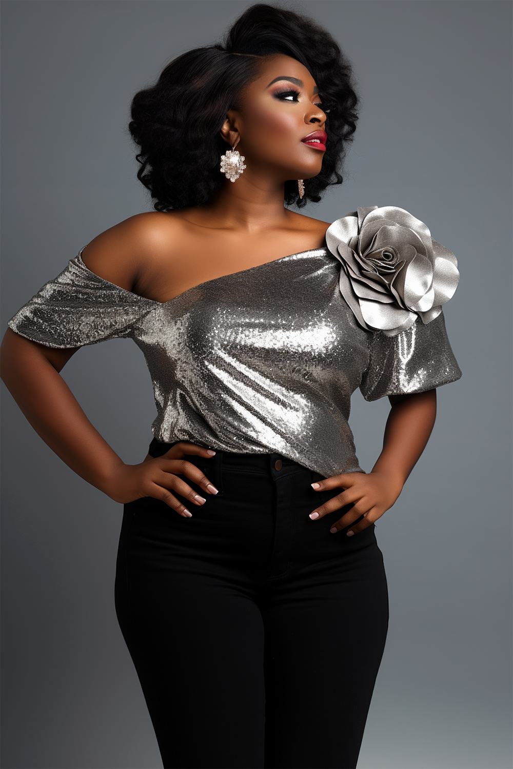 Design Plus Size Party Silver Spring Summer Oblique Collar Short Sleeve 3D Metallic Blouses [Pre-Order]