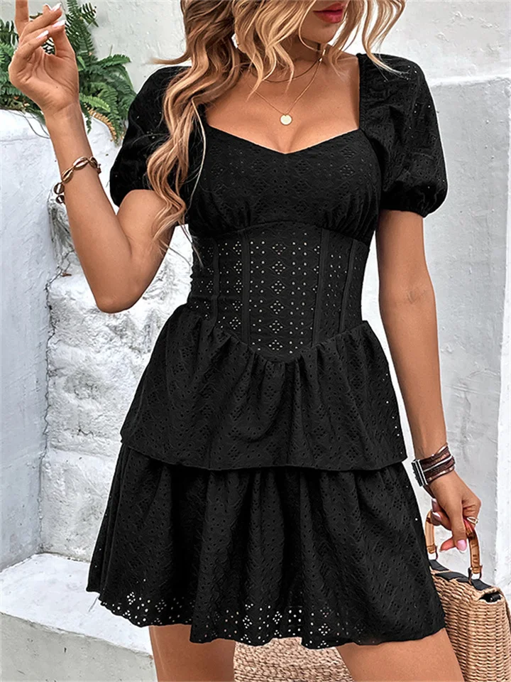 Summer New French Retro Solid Color Bundle Waist High Waist Square Collar Pleated Bubble Sleeve Stacked Layer Cake Dress | 168DEAL