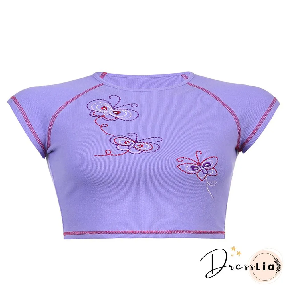 Summer Womens Casual Round Collar T-Shirt Creative Embroidery Short Sleeve Midriff-Baring