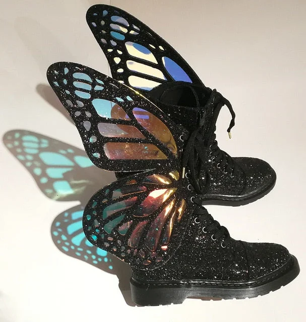 Butterfly Wings Women Shoes Shine Silver Leather Flat Sneakers Lace Up Women's ankle boots high-top Leisure Platform Shoes 2022