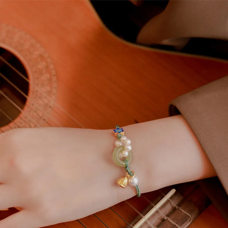 Natural Hetian Jade Peace Buckle Pearl Luck Handcrafted Braided Bracelet