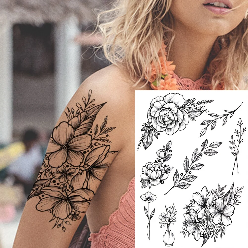 Sdrawing Lily Flower Temporary Tattoos For Women Adults Fake Lotus Orchid Dahlia Peony Tattoo Sticker Black Waterproof 3D Tatoos Arm