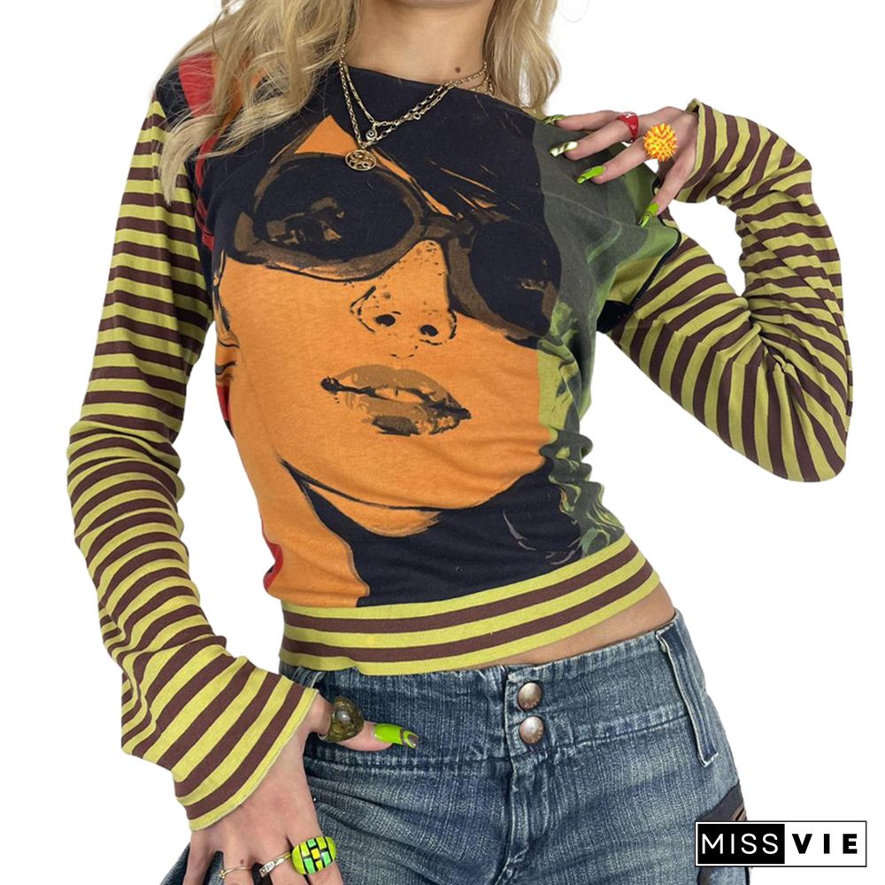 Grunge Punk Graphic Stripe T-shirt Mall Gothic Y2k O-neck Long Sleeve Tops Vintage Ladies Tshirt Spring Streetwear