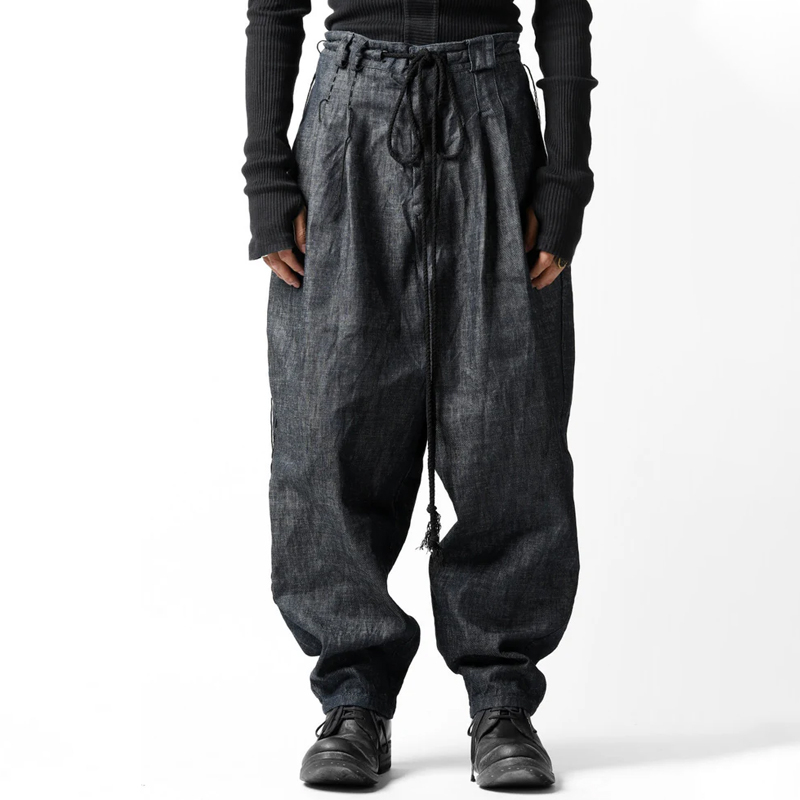 Men's Vintage Dark Blue Cotton and Linen Drawstring Pants