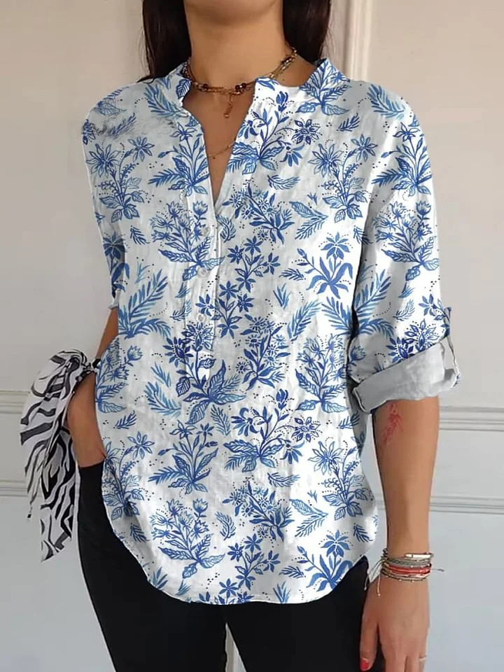 Watercolor Spring Floral Pattern Printed Women's Casual Long Sleeve Comfortable Cotton Shirt