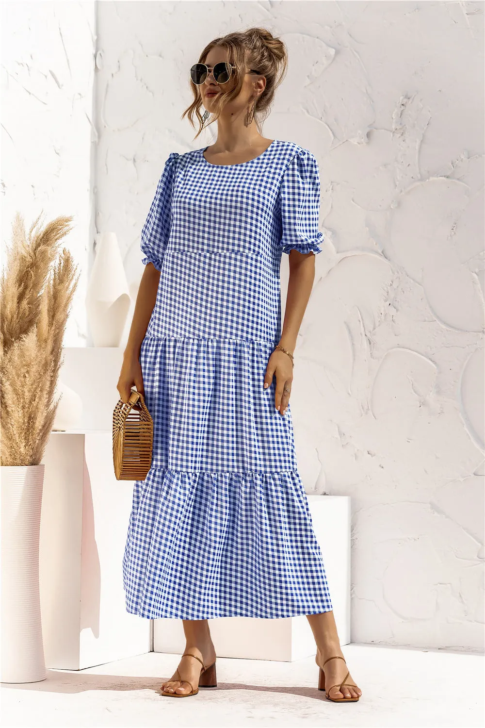 Brownm Sleeve Dot Plaid Urban Style Loose Stitching Long Dress