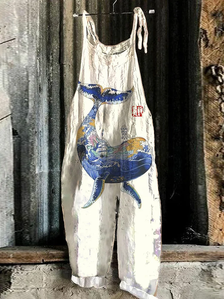Japanese Art Whale Linen Blend Loose Casual Jumpsuit