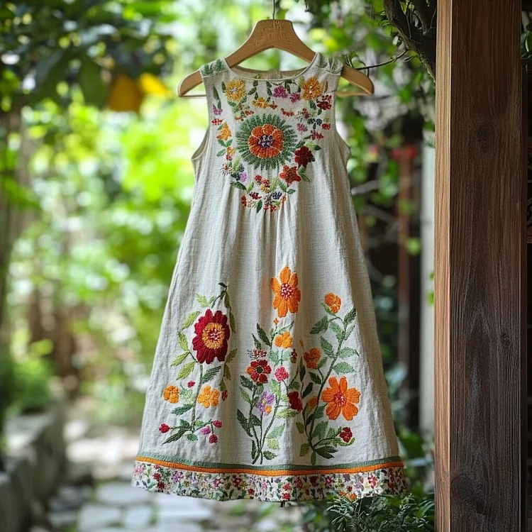 Women's Bohemian Floral Linen Sleeveless Dress