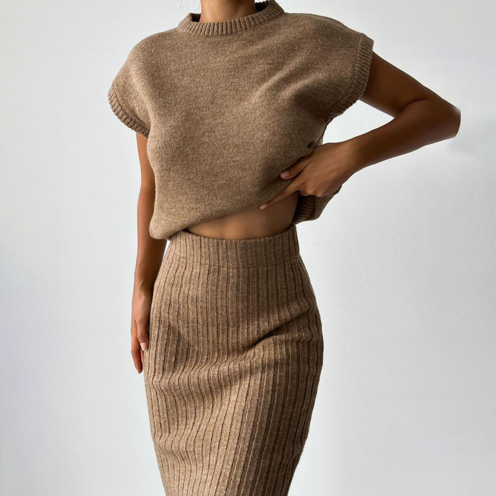 Ootddress Knit Sweater 2 Piece-Set Women Loose Ribbed Sleeveless Pullover And High Waist Long Skirt Outfits Knitwear Women's Sets