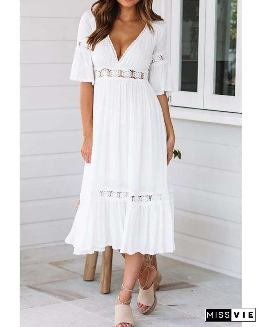 Women's Swing Dress Midi Dress - Half Sleeve Solid Colored Summer Spring & Summer V Neck Hot Beach vacation dresses Flare Cuff Sleeve White S M L XL / Sexy