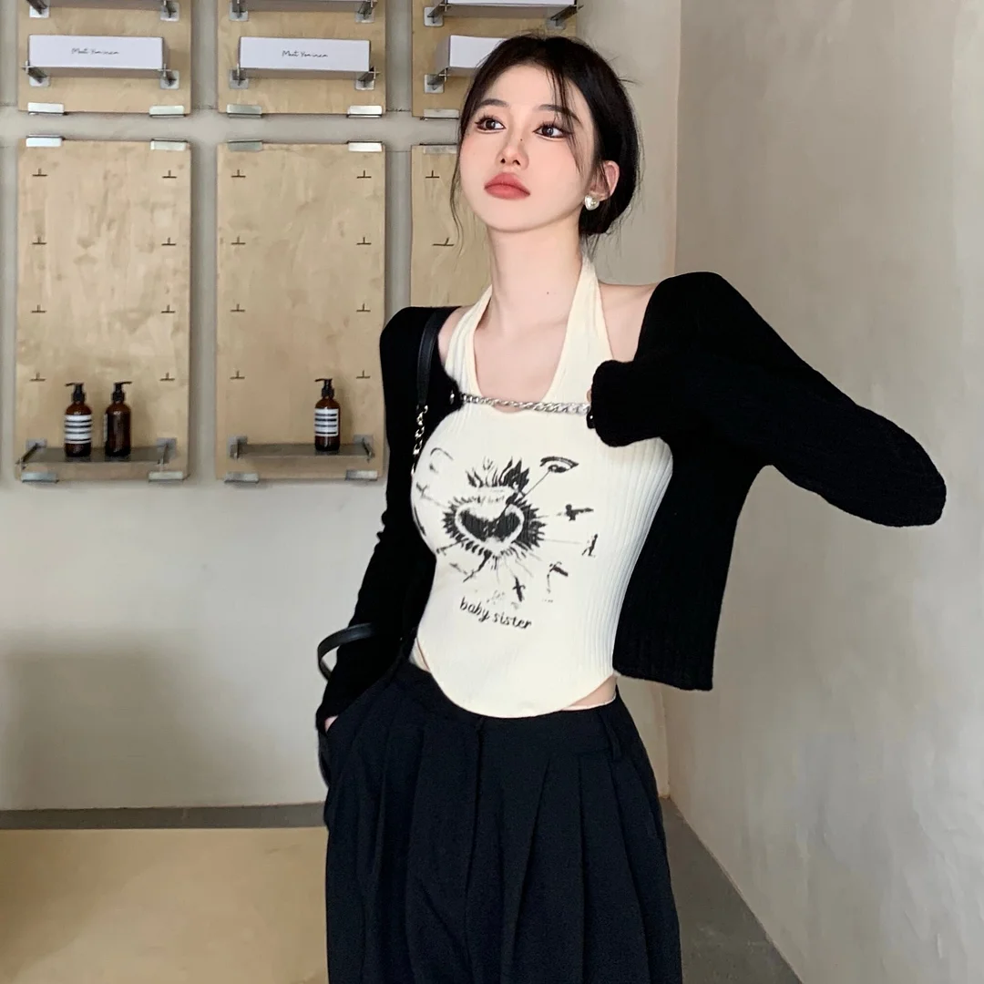 huibahe T-shirt Two Piece Suit Women Summer Design Slim Fit Tops Contrast Color Long Sleeve Cardigan+Vintage Strap Tank Top