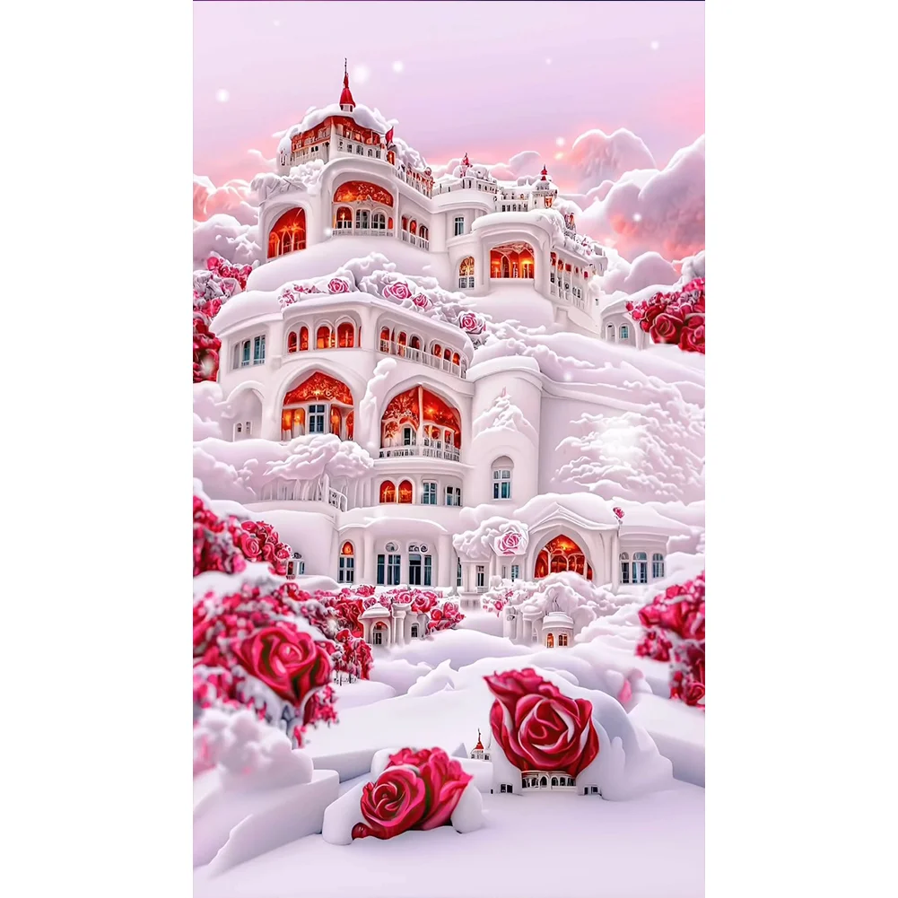 Big Size Round Diamond Painting - Snow Red Rose Manor(40*70cm)