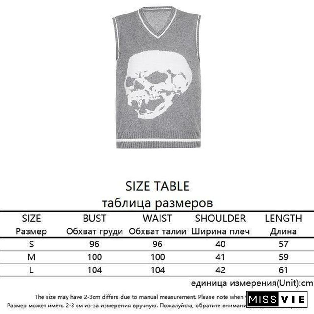 Rapcopter Y2K Sweaters Skulls Pullovers V Neck Knitwear Loose Casual Knitted Tops Women Streetwear Retro Tops Blue Autumn