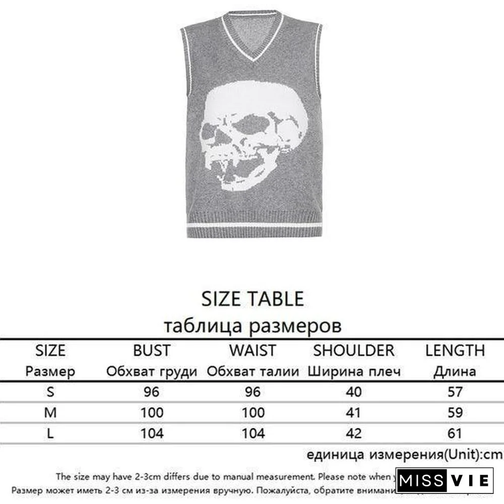 Rapcopter Y2K Sweaters Skulls Pullovers V Neck Knitwear Loose Casual Knitted Tops Women Streetwear Retro Tops Blue Autumn