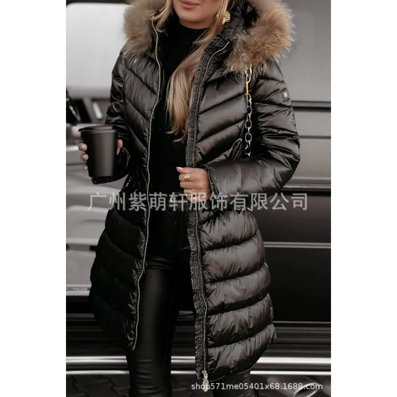 Nigikala Nigikala Thick Hooded Cotton Clothes Women's Long-Haired Collar Fashion Cotton Jacket Winter Cotton Clothes Women