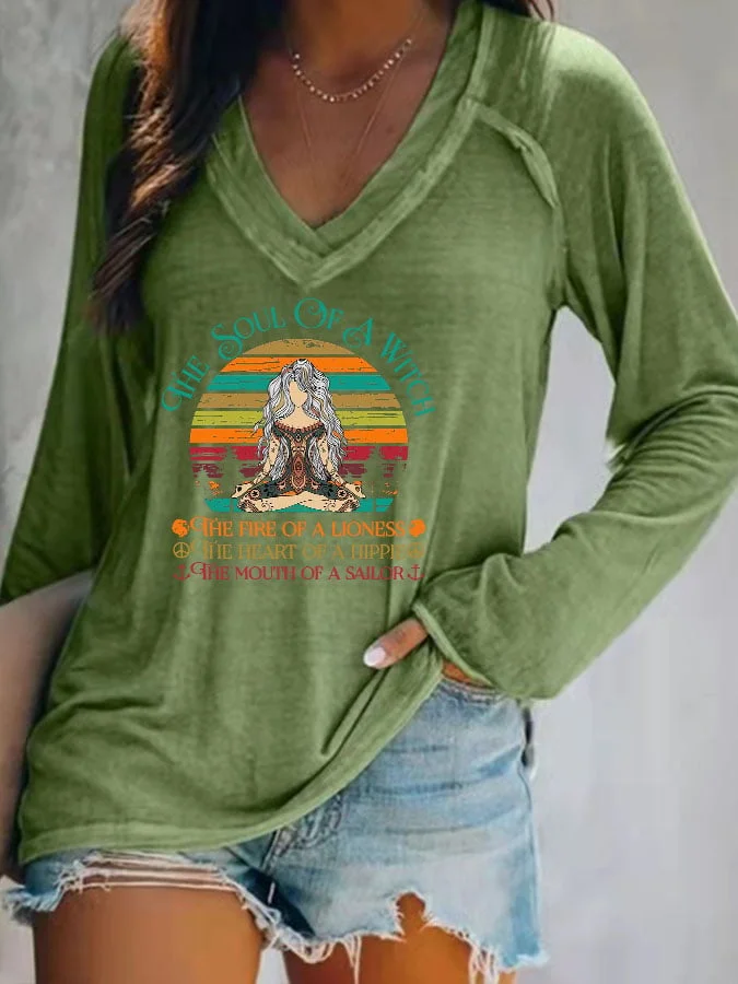 Women's Halloween Hippie Witch V-Neck Long-Sleeve T-Shirt