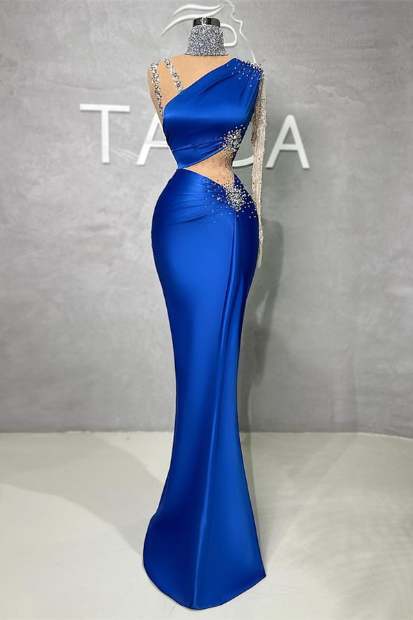 Dresseswow Royal Blue Long Sleeves Prom Dress Mermaid One Shoulder High Neck With Beads