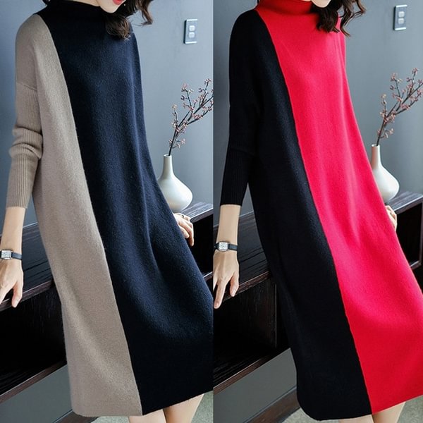 Women Spring Fashion Loose Long-sleeved Knit Colorblock Long Dress - Shop Trendy Women's Fashion | TeeYours