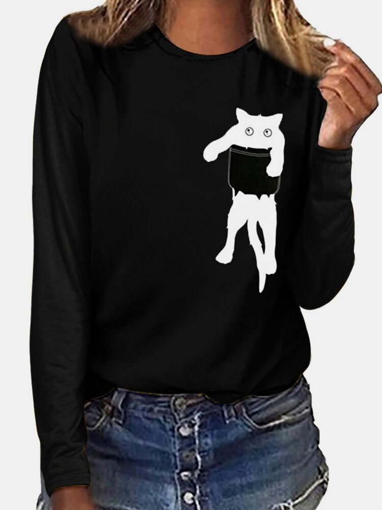 Cat Print Long Sleeves O neck Casual T shirt For Women P1766870
