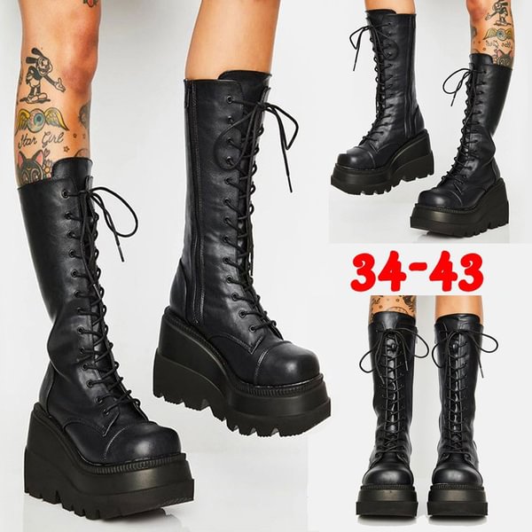 Women Fashion Plus Size Lace Up Thick-soled Zip High Heels Boots Leather High Platform Knight Boots Motorcycles Wedges Shoes - Shop Trendy Women's Fashion | TeeYours