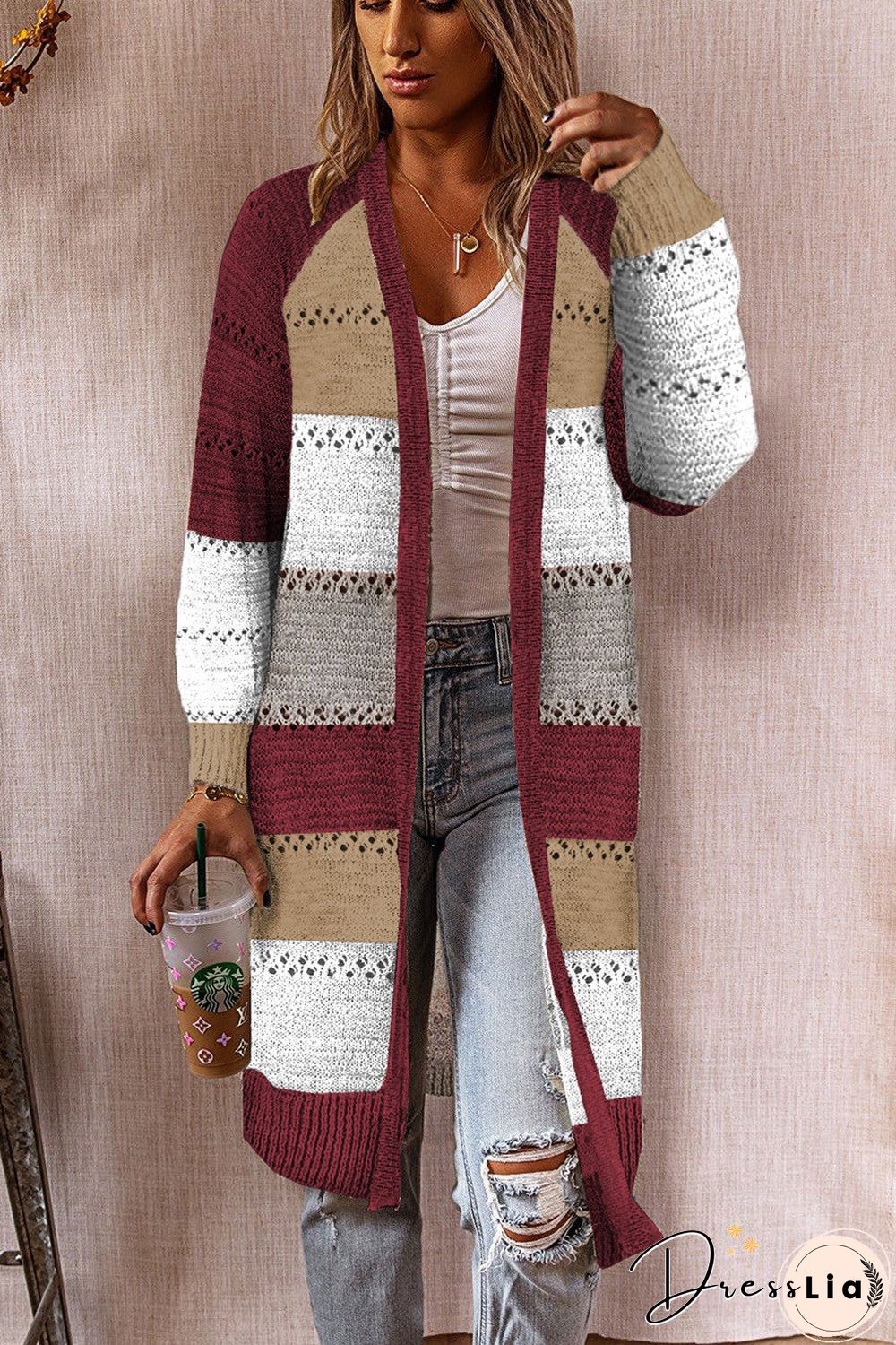 Knitted Long Sleeve Knee Length Open Front Sweater Cardigan