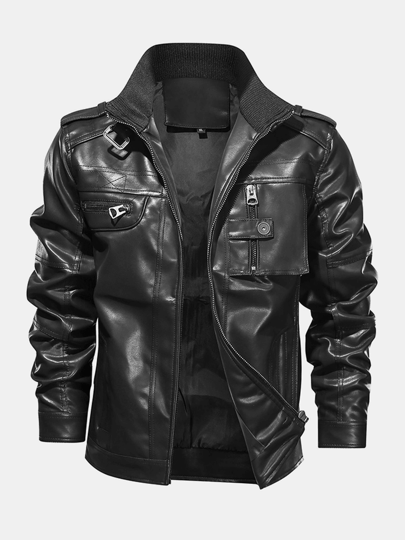 Mens Pocket Zip-Up PU Leather Black Long Sleeve Motorcycle Jacket