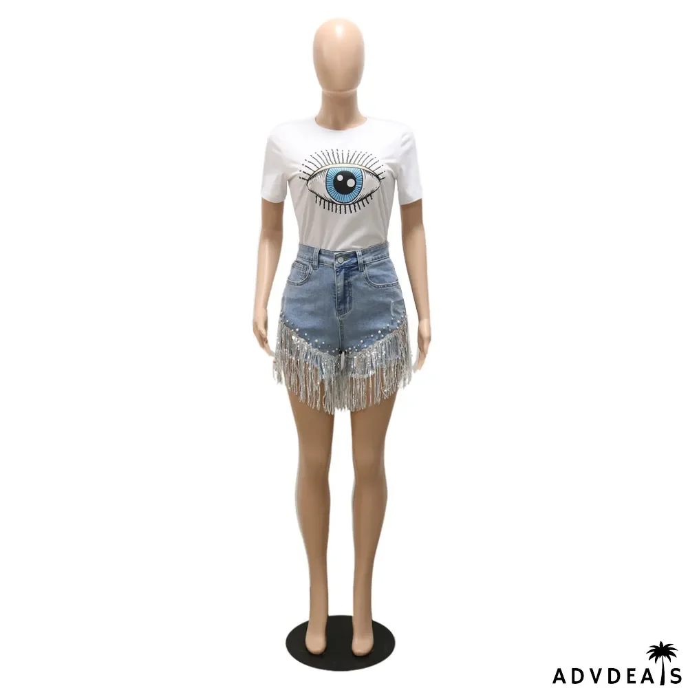 Fashion Sequin Fringe Pearl Denim Shorts