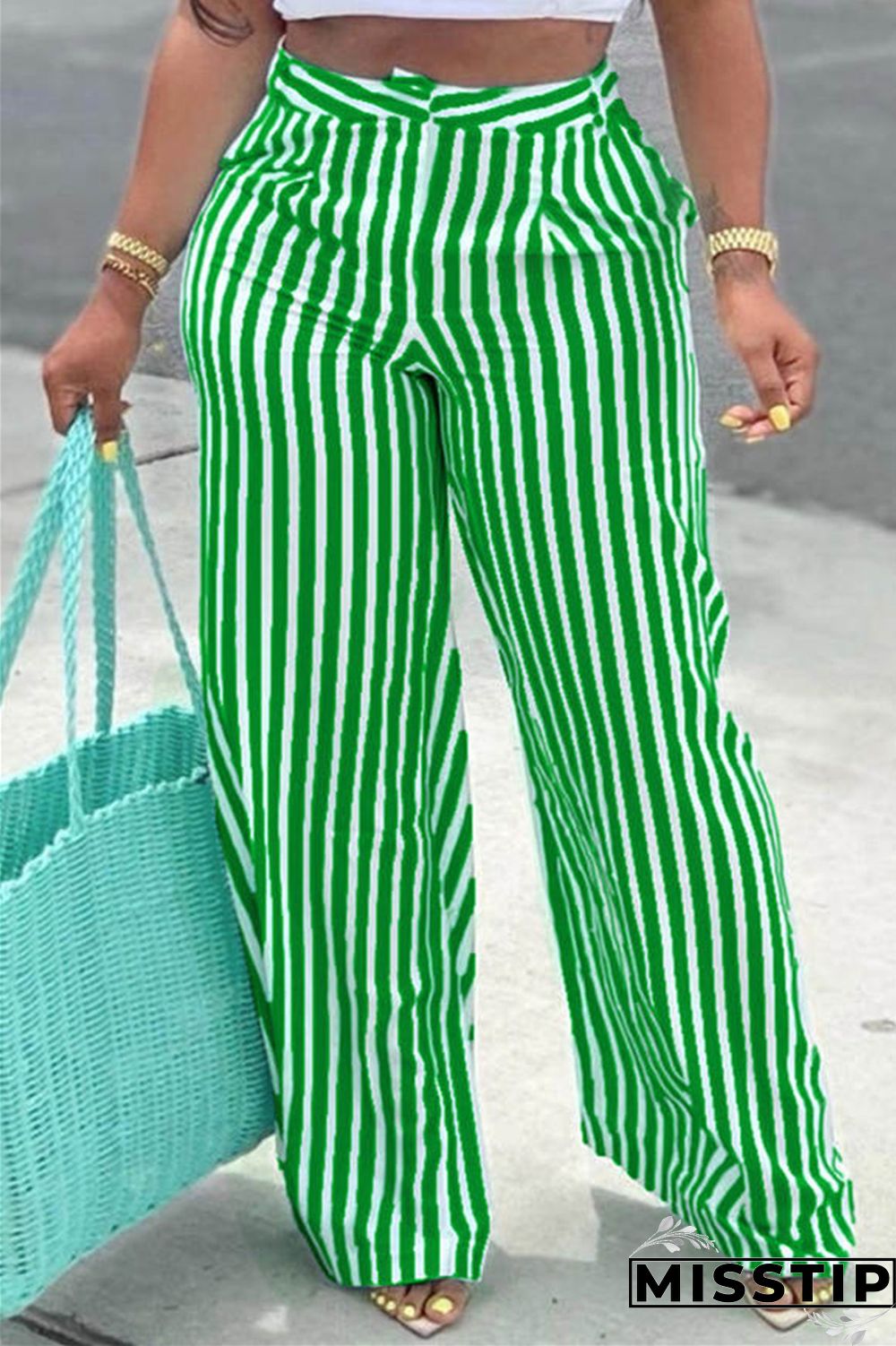 Blue Fashion Casual Striped Print Patchwork Regular High Waist Trousers