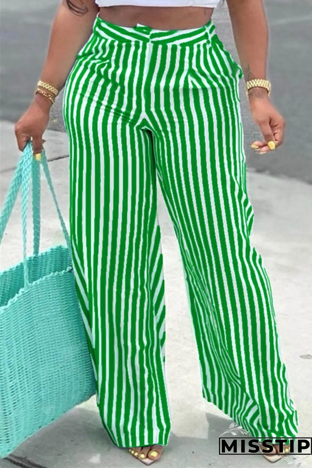 Blue Fashion Casual Striped Print Patchwork Regular High Waist Trousers