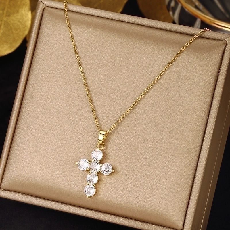 2 Pieces Ethnic Style Cross Stainless Steel Inlay Zircon Pendant Necklace