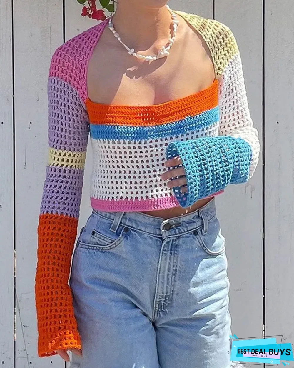 Color Block Square Neck Open Knit Crop Sweater