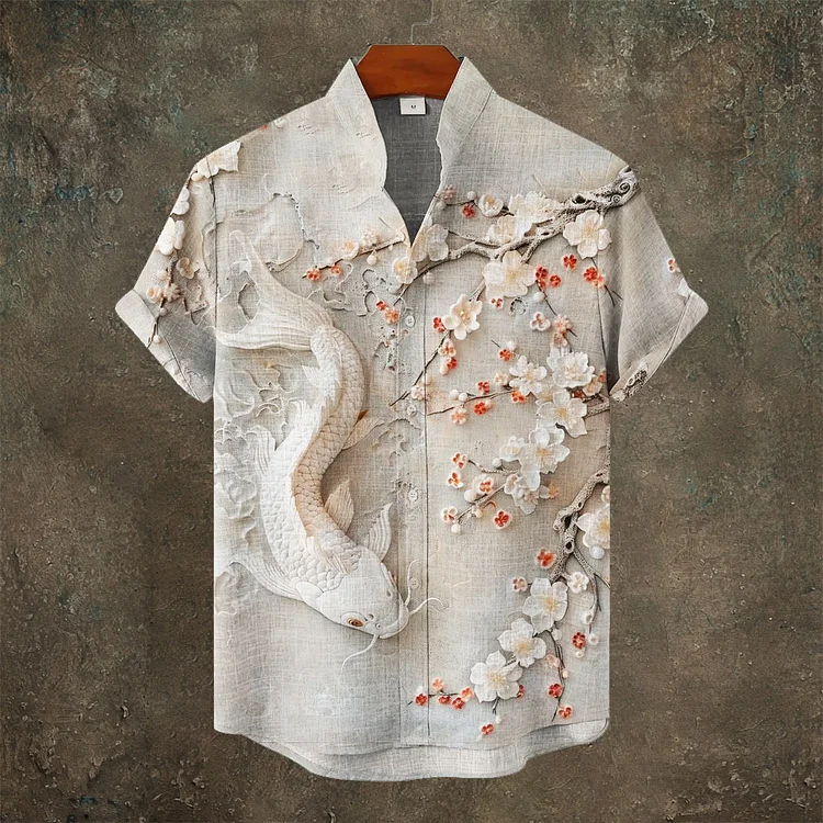 Japanese 3d Carp & Flower Men's Linen Short Sleeve Shirt
