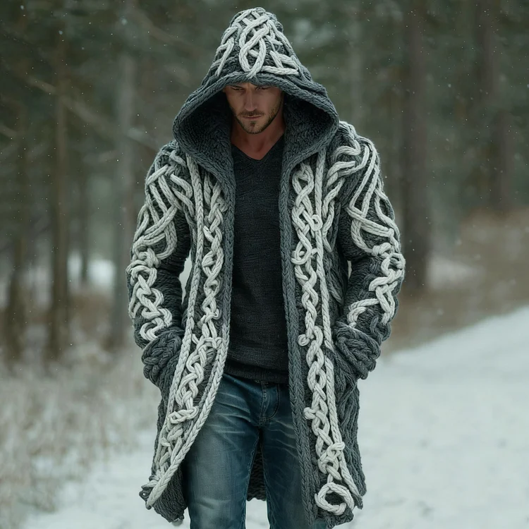 Men's Retro Contrast Celtic Knot Hooded Mid-length Cardigan Sweater