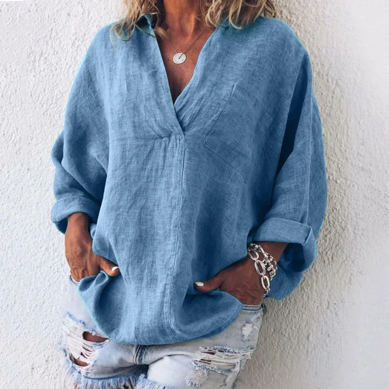 Ladies V-neck Cotton Solid Color Long-sleeved Blouse Linen