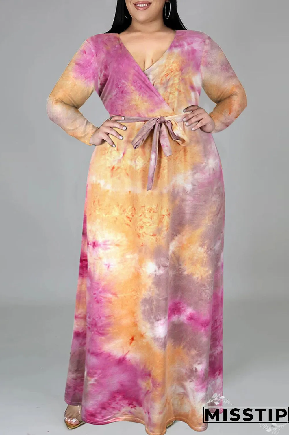 Cyan Fashion Casual Tie Dye Printing V Neck Long Sleeve Plus Size Dresses