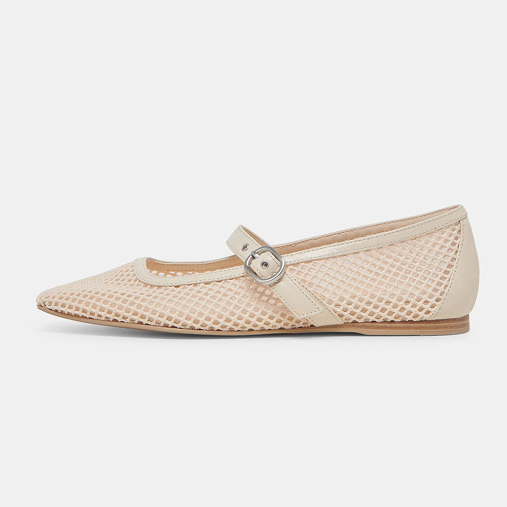 Beige Fishnet Square Toe Flat Buckle Strap Mary Jane Shoes for Women Nicepairs