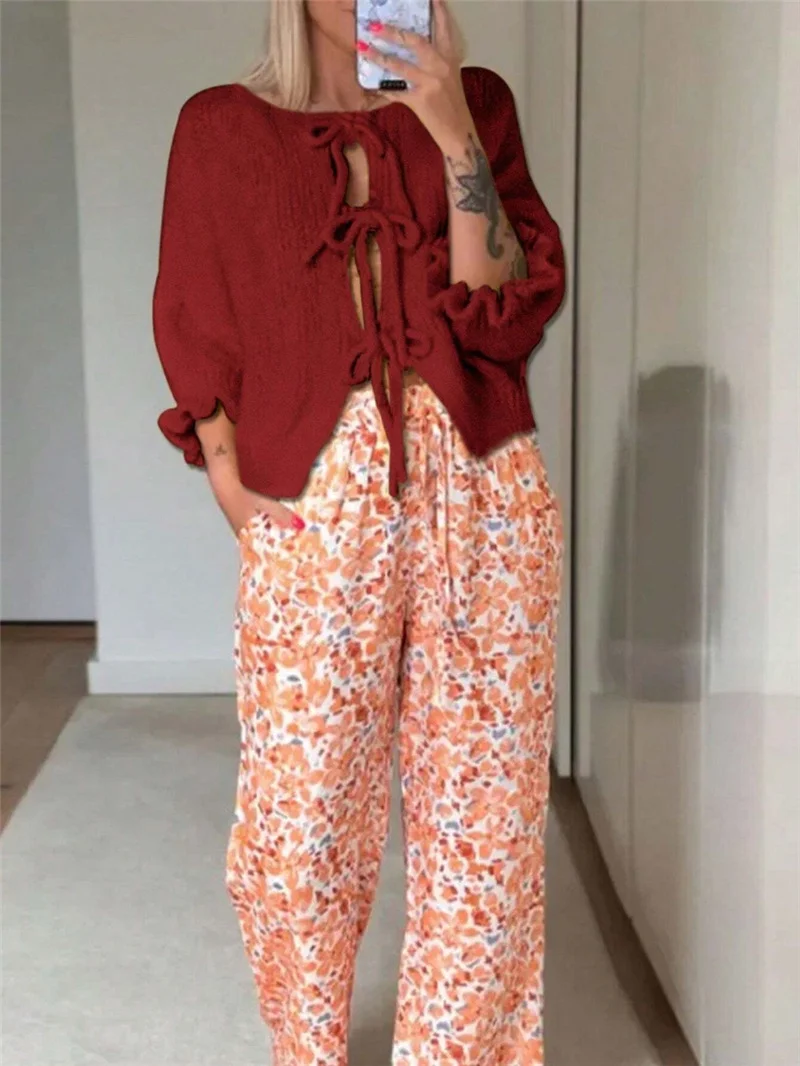 Athvotar Athvotar New Round Tie Nine-Sleeve Rope With Knitted Sweater Lazy Wind Coat