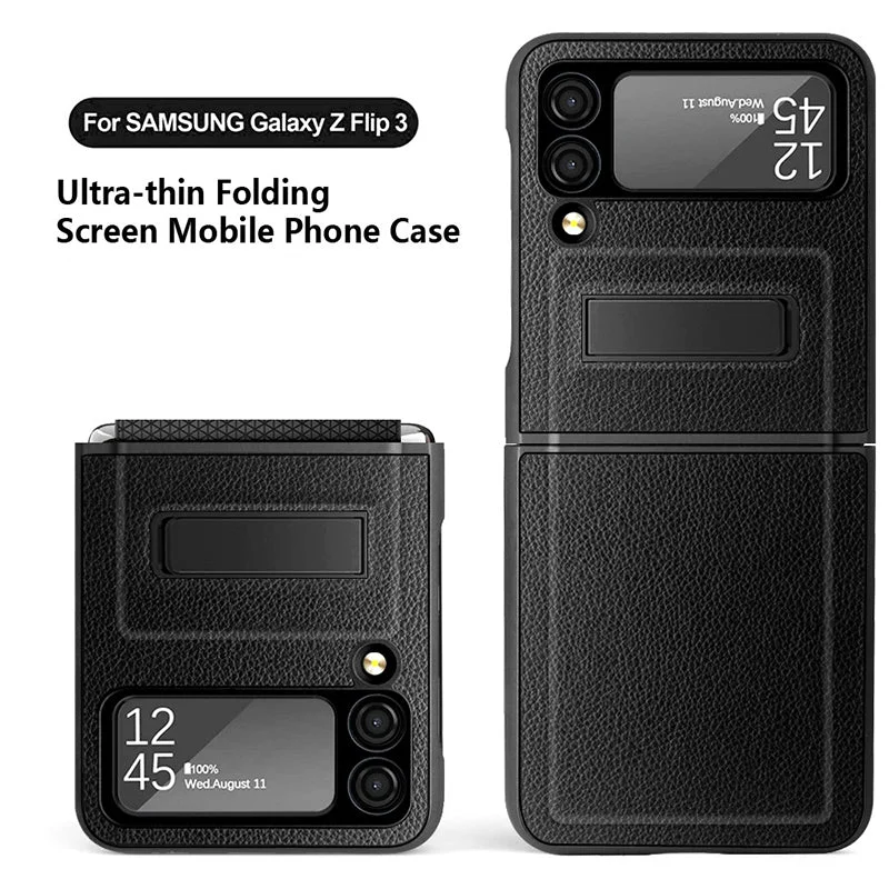 For Samsung Z Flip 3/4 Lychee Pattern Hinge Invisible Kickstand Phone Case