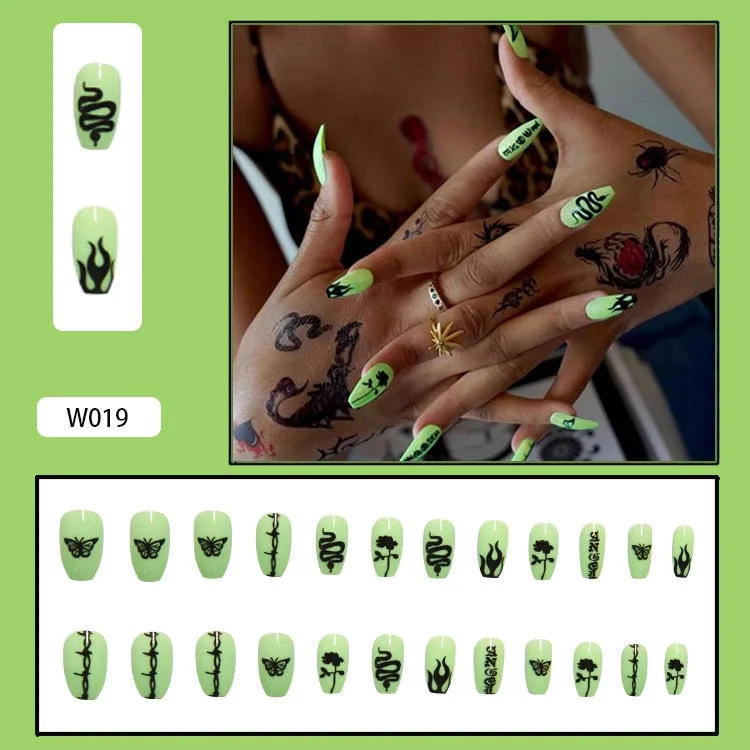 24PCS Dark Punk False Nails with Glue Gradient Long Detachable Fire Stick on Nails Skull Flame  Art DIY Fashion Manicure Tool-Nail Inspo